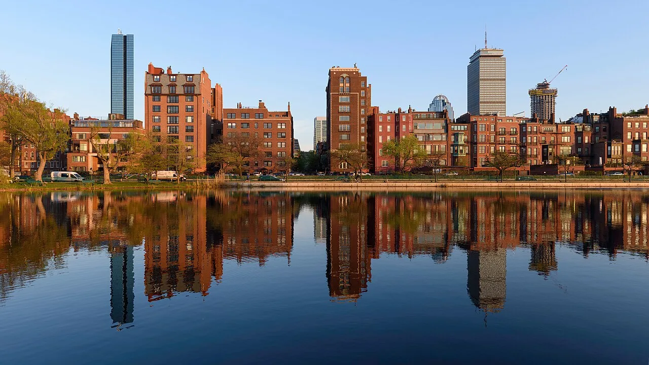 The Back Bay skyline of Boston seen across the Charles River from the Esplanade